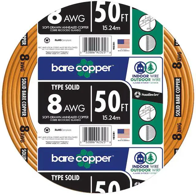 Main image of 8-Gauge Bare Copper Wire Solid SoftDrawn Uninsulated Copper Conductor for Grounding & Electrical Applications, 50ft