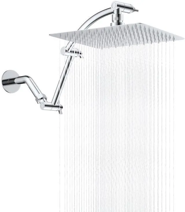 Main image of All Metal 10'' Rain Shower Head with 16'' Extension Arm, Chrome | cUPC Certified High Pressure Rainfall Showerhead with Solid Brass Adjustable Shower Head Extension Arm, Fixed Showerheads