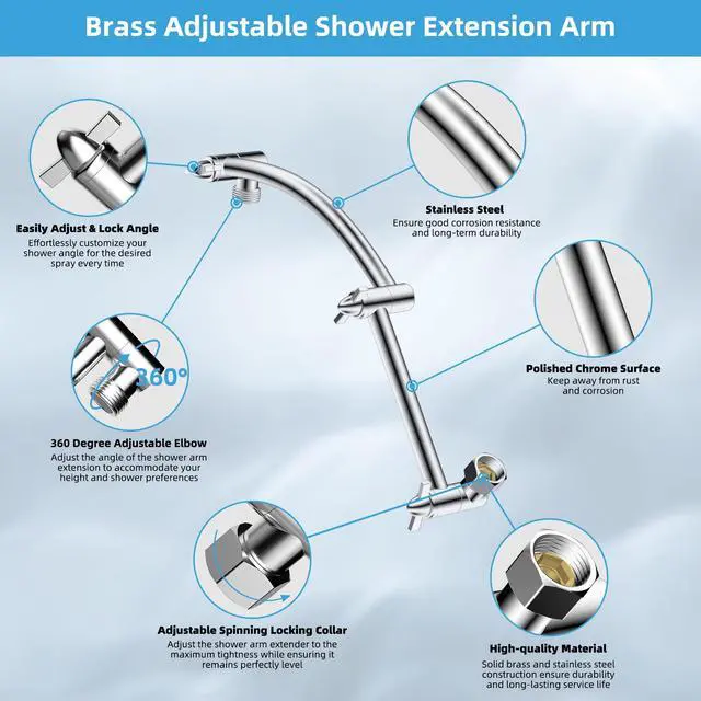Alt view image 2 of 7 - All Metal 10'' Rain Shower Head with 16'' Extension Arm, Chrome | cUPC Certified High Pressure Rainfall Showerhead with Solid Brass Adjustable Shower Head Extension Arm, Fixed Showerheads