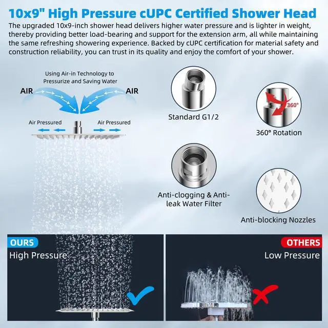 Alt view image 3 of 7 - All Metal 10'' Rain Shower Head with 16'' Extension Arm, Chrome | cUPC Certified High Pressure Rainfall Showerhead with Solid Brass Adjustable Shower Head Extension Arm, Fixed Showerheads