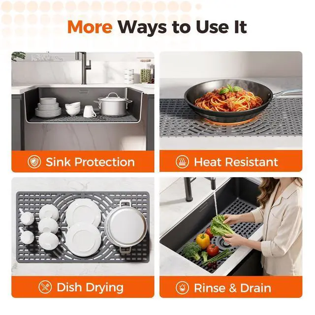Alt view image 6 of 7 - Silicone Sink Protector for Kitchen Sink, 26"x14" Center Drain | Scratch protection, cushions fragile dishes and glassware, dishwasher safe, food-grade silicone, 446°F heat resistant