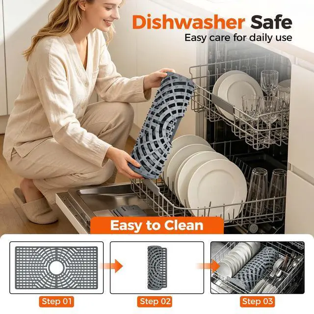 Alt view image 7 of 7 - Silicone Sink Protector for Kitchen Sink, 26"x14" Center Drain | Scratch protection, cushions fragile dishes and glassware, dishwasher safe, food-grade silicone, 446°F heat resistant