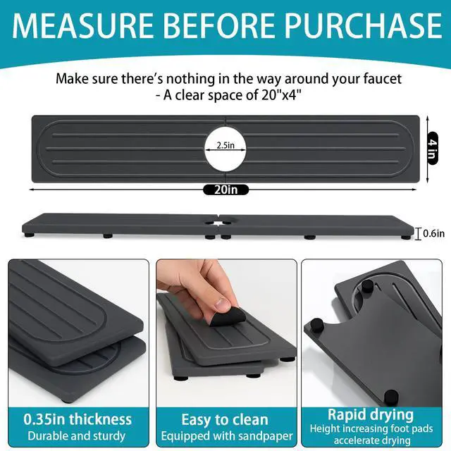 Alt view image 4 of 7 - Fast Drying Stone Faucet Mat for Kitchen Sink with Raised Feet, Water Absorbent Diatomite Stone Sink Tray, Faucet Sink Splash Guard, Prevents Moisture Buildup, Durable Protector for Bathroom Counter