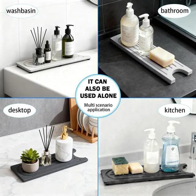 Alt view image 3 of 7 - Fast Drying Stone Faucet Mat for Kitchen Sink with Raised Feet, Water Absorbent Diatomite Stone Sink Tray, Faucet Sink Splash Guard, Prevents Moisture Buildup, Durable Protector for Bathroom Counter