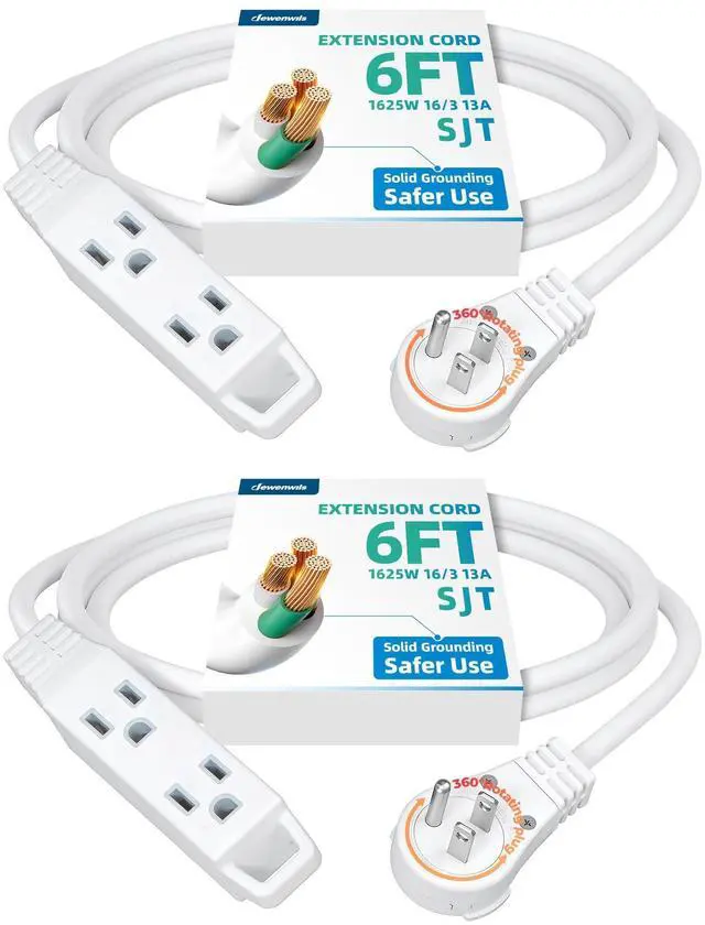 Main image of 6FT 360° Rotating Flat Plug Extension Cord, 3 Prong Thin Power Strip, 16/3C 13A/125V/1625W, Rotating Plug for Indoor Narrow Space, SJT-3, ETL Listed, White, 2 Pack