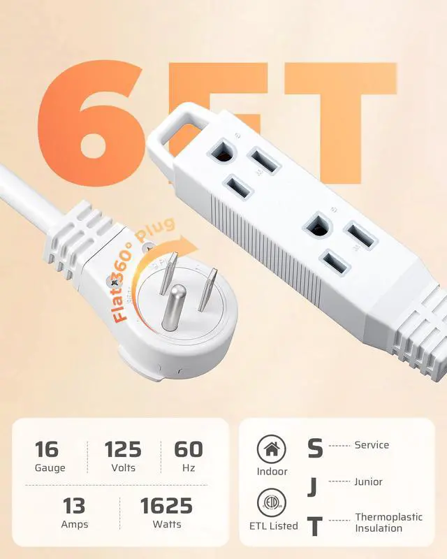 Alt view image 7 of 7 - 6FT 360° Rotating Flat Plug Extension Cord, 3 Prong Thin Power Strip, 16/3C 13A/125V/1625W, Rotating Plug for Indoor Narrow Space, SJT-3, ETL Listed, White, 2 Pack