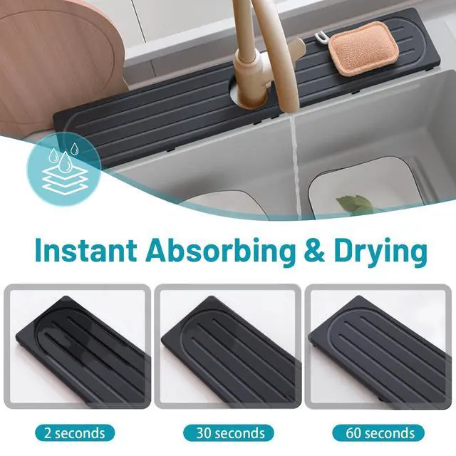Alt view image 5 of 7 - Fast Drying Stone Faucet Mat for Kitchen Sink with Raised Feet, Water Absorbent Diatomite Stone Sink Tray, Faucet Sink Splash Guard, Prevents Moisture Buildup, Durable Protector for Bathroom Counter