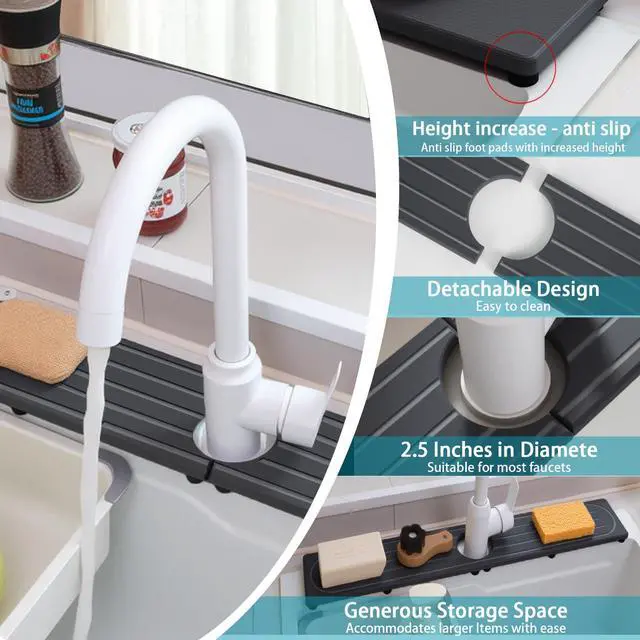 Alt view image 7 of 7 - Fast Drying Stone Faucet Mat for Kitchen Sink with Raised Feet, Water Absorbent Diatomite Stone Sink Tray, Faucet Sink Splash Guard, Prevents Moisture Buildup, Durable Protector for Bathroom Counter