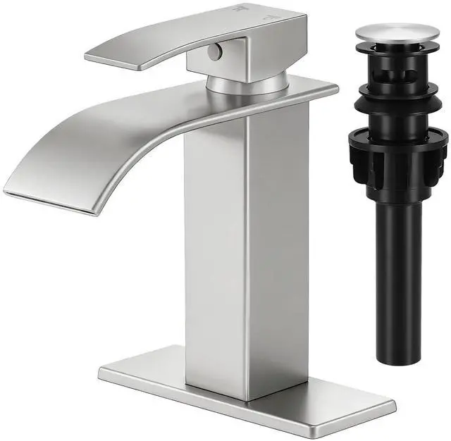 Main image of Bathroom Faucet Brushed Nickel Waterfall Single Handle Vanity Faucet | with Pop-up Drain & Deck,Supply Hoses,Stainless Steel Bathroom Sink Faucet 1 or 3 Hole,RV,Farmhouse Bathrooms