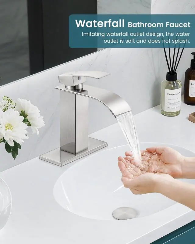 Alt view image 2 of 7 - Bathroom Faucet Brushed Nickel Waterfall Single Handle Vanity Faucet | with Pop-up Drain & Deck,Supply Hoses,Stainless Steel Bathroom Sink Faucet 1 or 3 Hole,RV,Farmhouse Bathrooms