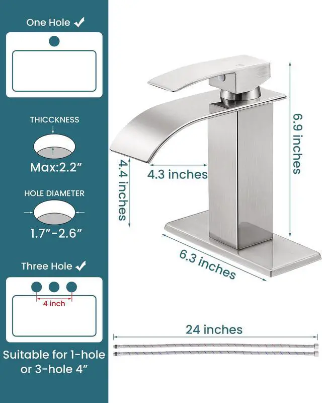 Alt view image 4 of 7 - Bathroom Faucet Brushed Nickel Waterfall Single Handle Vanity Faucet | with Pop-up Drain & Deck,Supply Hoses,Stainless Steel Bathroom Sink Faucet 1 or 3 Hole,RV,Farmhouse Bathrooms