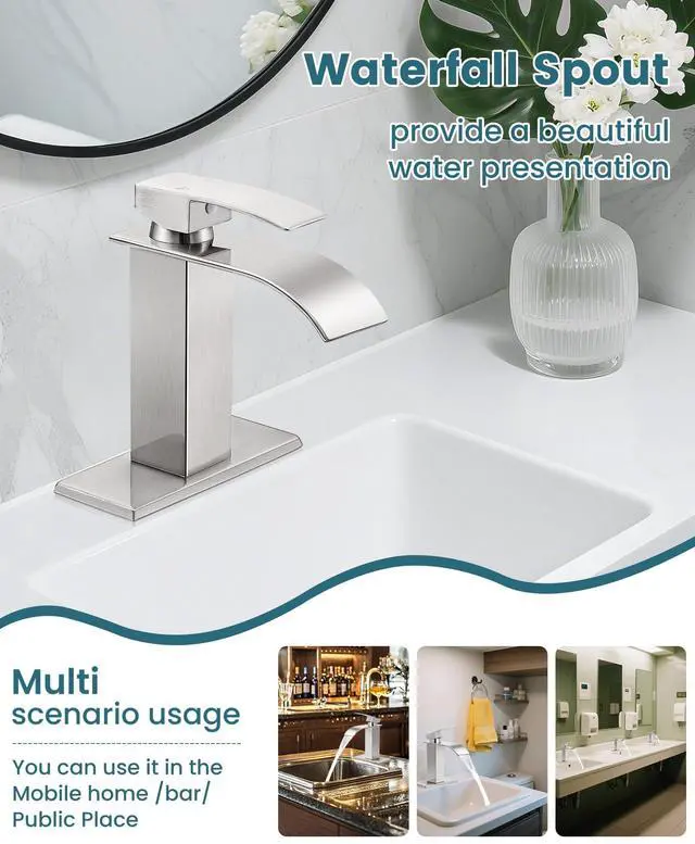 Alt view image 6 of 7 - Bathroom Faucet Brushed Nickel Waterfall Single Handle Vanity Faucet | with Pop-up Drain & Deck,Supply Hoses,Stainless Steel Bathroom Sink Faucet 1 or 3 Hole,RV,Farmhouse Bathrooms