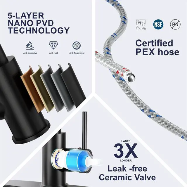 Alt view image 4 of 7 - Black Kitchen Faucet with Pull Down Sprayer, High Arc Spring 304 Stainless Steel Commercial Kitchen Sink Faucet,1 or 3 Hole Installation for Farmhouse, RV Camper, Laundry & Utility Sink