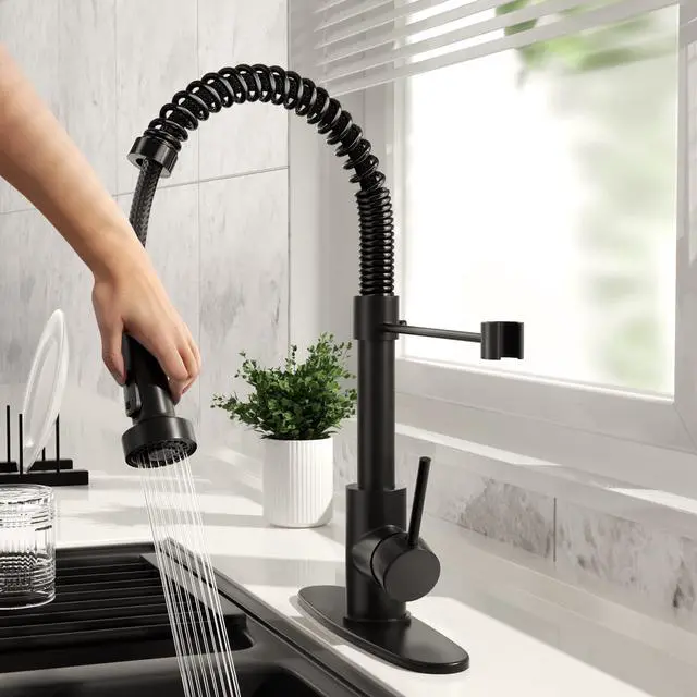Alt view image 7 of 7 - Black Kitchen Faucet with Pull Down Sprayer, High Arc Spring 304 Stainless Steel Commercial Kitchen Sink Faucet,1 or 3 Hole Installation for Farmhouse, RV Camper, Laundry & Utility Sink