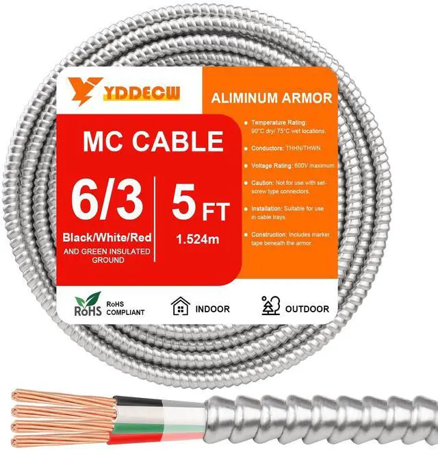 Main image of 5FT 6/3 Metal Clad (MC) Cable with Ground, 6 Gauge Electric Wire with Aluminum Armor, Solid Bare Copper Conductors for Indoor Outdoor Underground Embedded Installation (6/3, 5 ft)