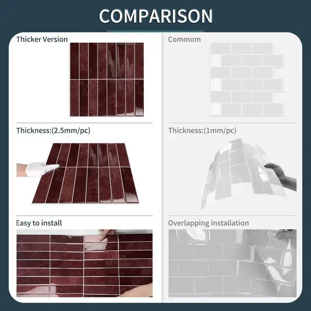 Alt view image 4 of 7 - 10 Sheets Upgraded Thicker Design Subway Tile Peel and Stick Backsplash | 12×12Self Adhesive Wall Tiles Stick on Back Splash for Kitchen,Bathroom,Camper(Vintage Red)