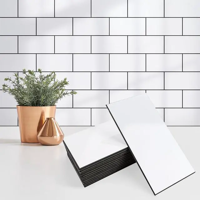 Main image of 100 Pieces Peel and Stick Backsplash for Kitchen, 3" x 6" PVC Subway Tile, Glossy White with Dark Gray Grout, Self Adhesive Stick on Wall Tiles for Kitchen, Bathroom, Fireplace, RV
