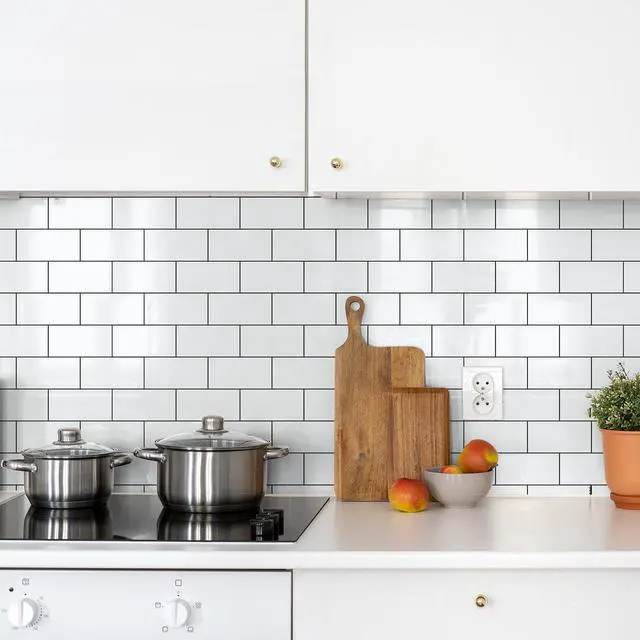 Alt view image 3 of 7 - 100 Pieces Peel and Stick Backsplash for Kitchen, 3" x 6" PVC Subway Tile, Glossy White with Dark Gray Grout, Self Adhesive Stick on Wall Tiles for Kitchen, Bathroom, Fireplace, RV