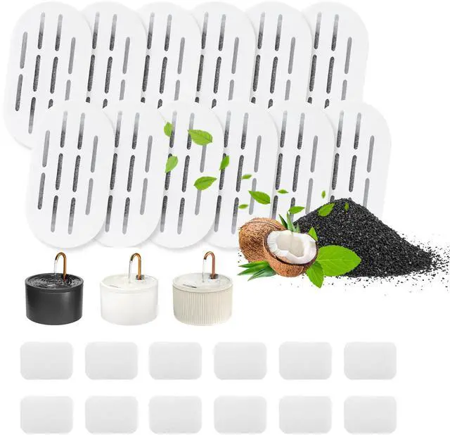 Main image of Ceramic Cat Water Fountain Filters, 12 Filters and 12 Sponges | Triple-Layer Filter, Cotton, Activated Carbon and Ion Exchange Resin, Pre-Soak 5 Minutes, Replace Every 1-2 Weeks, Verify Fit