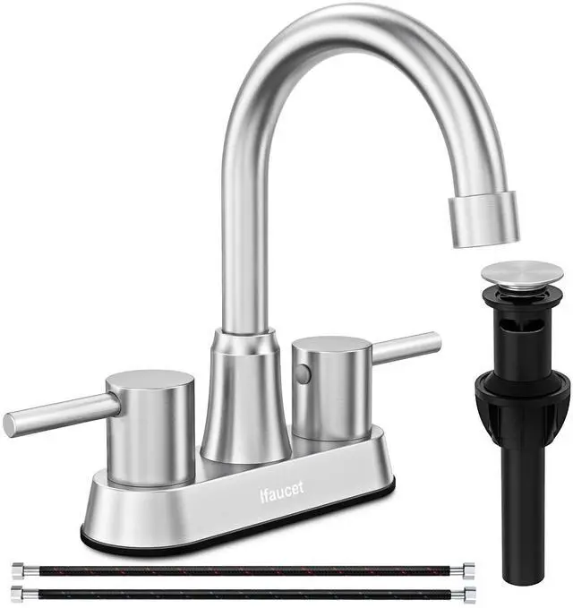 Main image of Bathroom Faucets, Bathroom Faucet 3 Hole, Bathroom Sink Faucet, Faucet for Sink 4 Inch 2 Handle Centerset, Lead-Free, with Copper Pop Up Drain (Brushed Nickel)