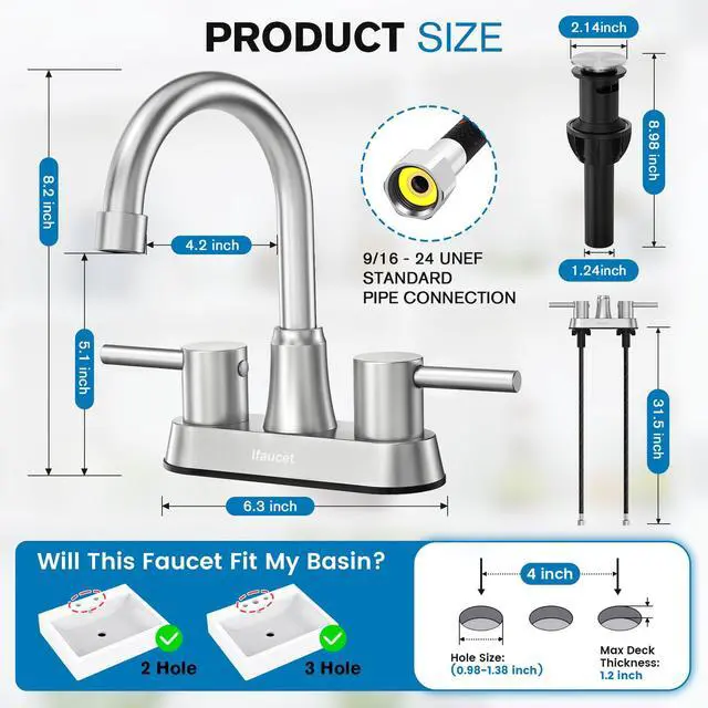 Alt view image 2 of 7 - Bathroom Faucets, Bathroom Faucet 3 Hole, Bathroom Sink Faucet, Faucet for Sink 4 Inch 2 Handle Centerset, Lead-Free, with Copper Pop Up Drain (Brushed Nickel)