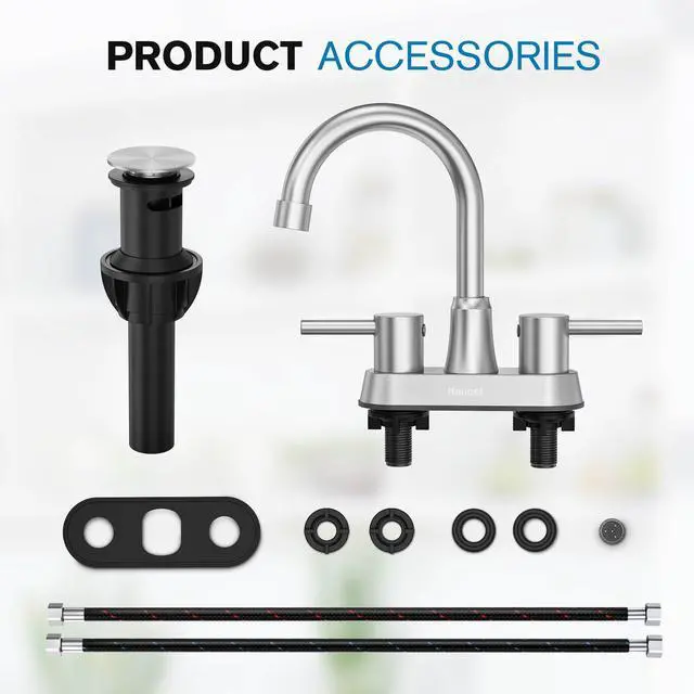 Alt view image 6 of 7 - Bathroom Faucets, Bathroom Faucet 3 Hole, Bathroom Sink Faucet, Faucet for Sink 4 Inch 2 Handle Centerset, Lead-Free, with Copper Pop Up Drain (Brushed Nickel)