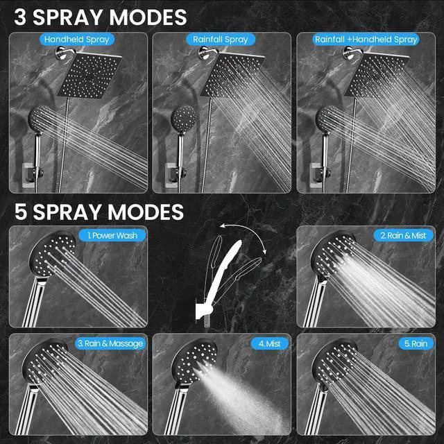 Alt view image 3 of 7 - Multi-Function Rain Shower Head with Handheld, High Pressure, Square | Rainfall Showerhead, Dual Shower Heads Combo, 5-mode Detachable Hand Held Spray with Hose, regaderas para shower, Chrome