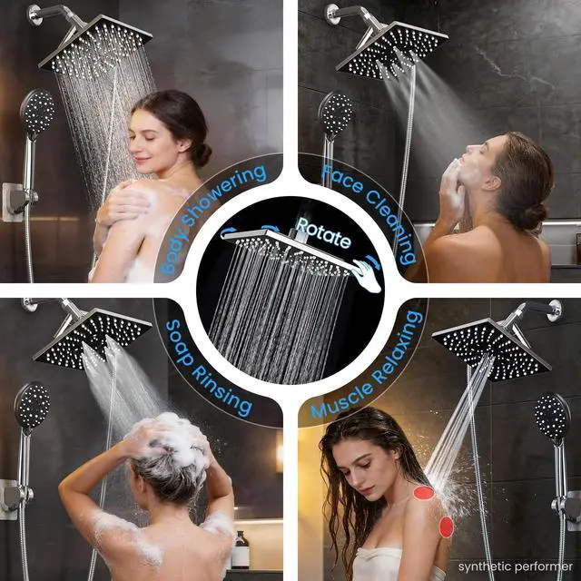 Alt view image 2 of 7 - Multi-Function Rain Shower Head with Handheld, High Pressure, Square | Rainfall Showerhead, Dual Shower Heads Combo, 5-mode Detachable Hand Held Spray with Hose, regaderas para shower, Chrome