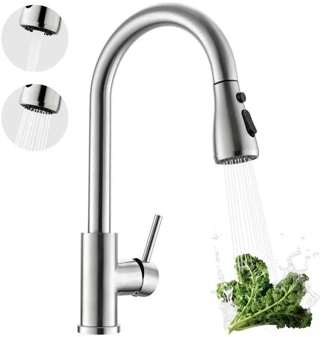 Main image of Pull-Down Kitchen Faucet, Brushed Nickel | 3 Spray Modes, 360 Swivel, Deck Plate, SUS304, Fits 1- or 3-Hole Sinks, RV/Laundry if needed
