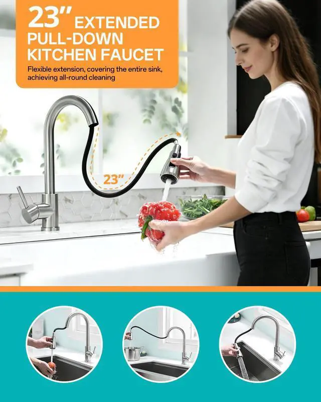 Alt view image 2 of 7 - Pull-Down Kitchen Faucet, Brushed Nickel | 3 Spray Modes, 360 Swivel, Deck Plate, SUS304, Fits 1- or 3-Hole Sinks, RV/Laundry if needed