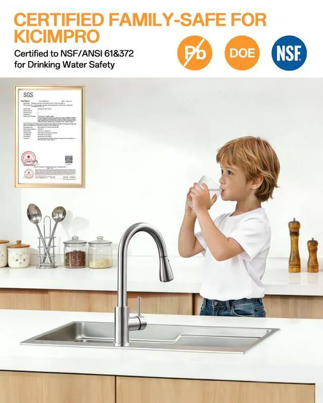 Alt view image 3 of 7 - Pull-Down Kitchen Faucet, Brushed Nickel | 3 Spray Modes, 360 Swivel, Deck Plate, SUS304, Fits 1- or 3-Hole Sinks, RV/Laundry if needed