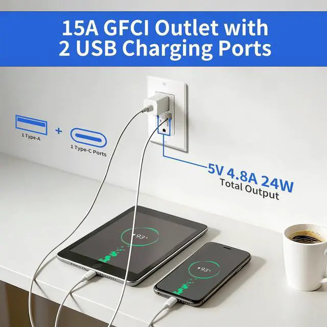 Alt view image 2 of 7 - 4 Pack 15A GFCI Outlet with USB A&C Ports, Self-Test TR ETL Listed