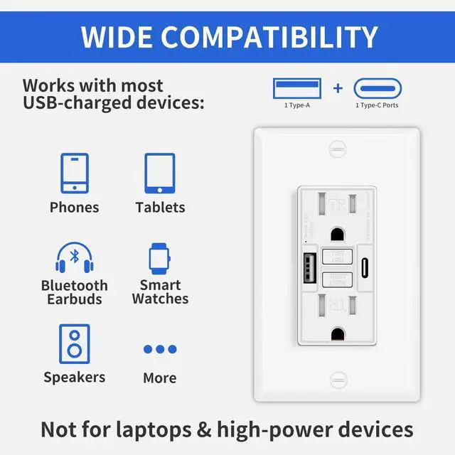 Alt view image 3 of 7 - 4 Pack 15A GFCI Outlet with USB A&C Ports, Self-Test TR ETL Listed