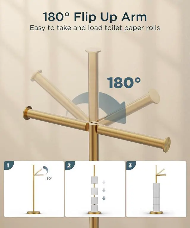 Alt view image 3 of 7 - Toilet Paper Holder Stand, 4 Roll Storage, Weighted Base | Brushed Gold | Freestanding Tissue Roll Holder | SUS304 Stainless Steel Rustproof | Bathroom Toilet Paper Stand | Modern