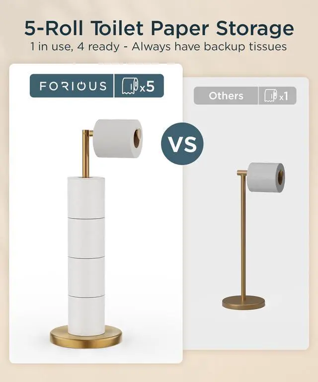 Alt view image 4 of 7 - Toilet Paper Holder Stand, 4 Roll Storage, Weighted Base | Brushed Gold | Freestanding Tissue Roll Holder | SUS304 Stainless Steel Rustproof | Bathroom Toilet Paper Stand | Modern