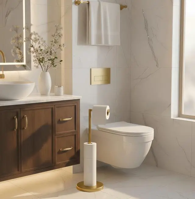 Alt view image 2 of 7 - Toilet Paper Holder Stand, 4 Roll Storage, Weighted Base | Brushed Gold | Freestanding Tissue Roll Holder | SUS304 Stainless Steel Rustproof | Bathroom Toilet Paper Stand | Modern
