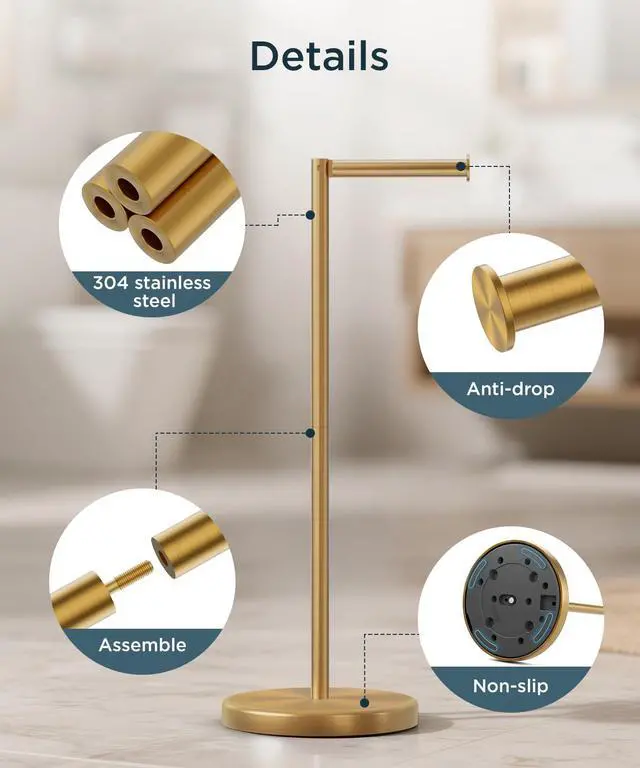 Alt view image 6 of 7 - Toilet Paper Holder Stand, 4 Roll Storage, Weighted Base | Brushed Gold | Freestanding Tissue Roll Holder | SUS304 Stainless Steel Rustproof | Bathroom Toilet Paper Stand | Modern