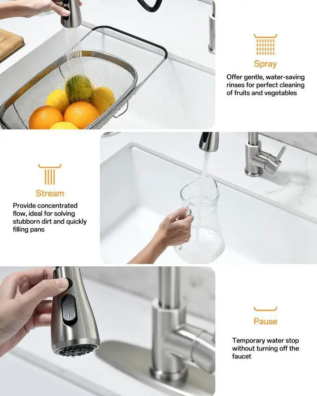Alt view image 6 of 7 - Pull-Down Kitchen Faucet, Brushed Nickel | 3 Spray Modes, 360 Swivel, Deck Plate, SUS304, Fits 1- or 3-Hole Sinks, RV/Laundry if needed