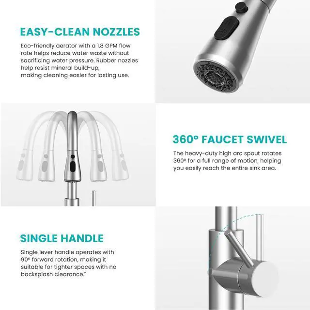 Alt view image 7 of 7 - Pull-Down Kitchen Faucet, Brushed Nickel | 3 Spray Modes, 360 Swivel, Deck Plate, SUS304, Fits 1- or 3-Hole Sinks, RV/Laundry if needed