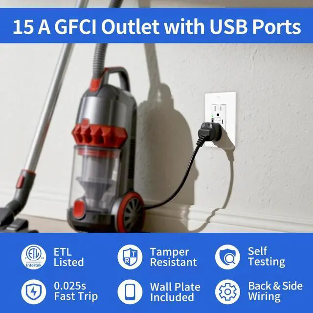 Alt view image 7 of 7 - 15A GFCI Outlet with USB C&A, Self-Test TR ETL Listed White 2 Pack | Tamper-Resistant GFCI Receptacle with 24W USB-C & USB-A Charging, Decorator Wall Outlet for Kitchen Bathroom Garage Laundry