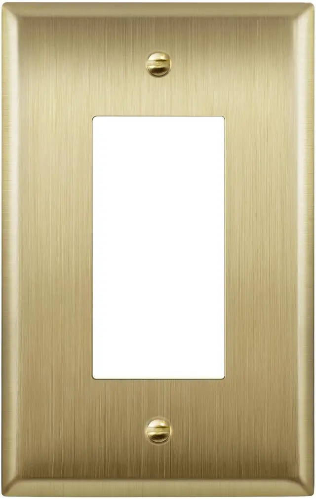 Main image of Switch, Receptacle Metal Wall Plate, Mid-Size 1-Gang, Brushed Brass | Decorator, 4.88" x 3.11, Outlet Cover, Corrosion Resistant, Stainless Steel, Heat Resistant, UL Listed
