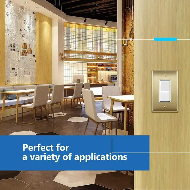 Alt view image 5 of 7 - Switch, Receptacle Metal Wall Plate, Mid-Size 1-Gang, Brushed Brass | Decorator, 4.88" x 3.11, Outlet Cover, Corrosion Resistant, Stainless Steel, Heat Resistant, UL Listed