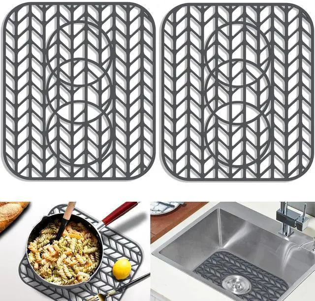 Main image of Sink Protectors for Kitchen sink, 13 5/8" x 11 5/8" Folding Non-slip Silicone Sink Mat Grid for Bottom of Farmhouse Stainless Steel Porcelain with 3 Reserved Holes Pack of 2