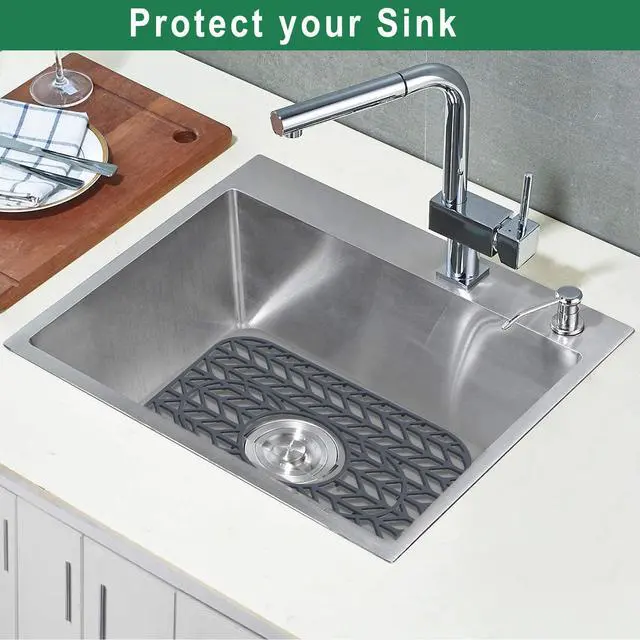 Alt view image 4 of 7 - Sink Protectors for Kitchen sink, 13 5/8" x 11 5/8" Folding Non-slip Silicone Sink Mat Grid for Bottom of Farmhouse Stainless Steel Porcelain with 3 Reserved Holes Pack of 2