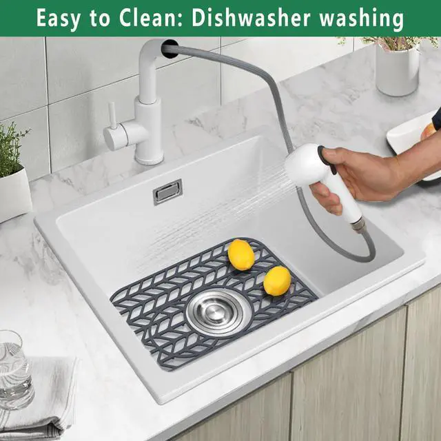 Alt view image 5 of 7 - Sink Protectors for Kitchen sink, 13 5/8" x 11 5/8" Folding Non-slip Silicone Sink Mat Grid for Bottom of Farmhouse Stainless Steel Porcelain with 3 Reserved Holes Pack of 2