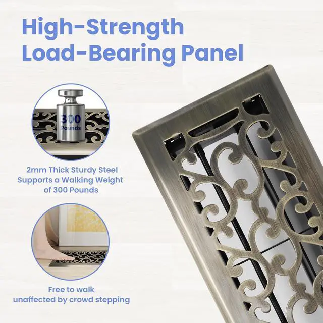Alt view image 2 of 7 - 4x10 Inches Heavy Duty Walkable Floor Register - Easy Adjust Air Supply Lever Decorative Floor Vent Covers - Savannah Design Vent Covers for Home - Antique Brass
