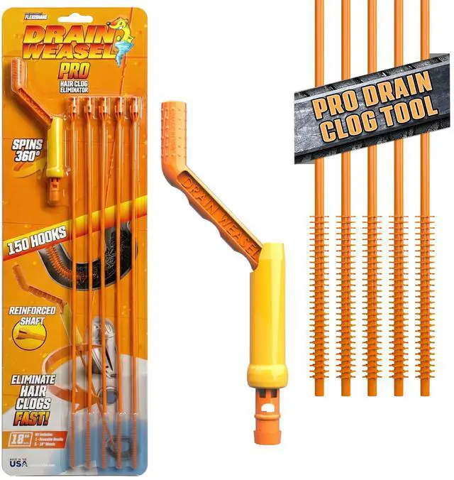 Main image of Pro Drain Weasel Sink Snake Hair Clog Remover Tool, 5 Wands | Sink, Pipe, Bathroom, Bathtub Drain Cleaner, 18-inch Long, Flexible, Removable Handle, Made in The USA