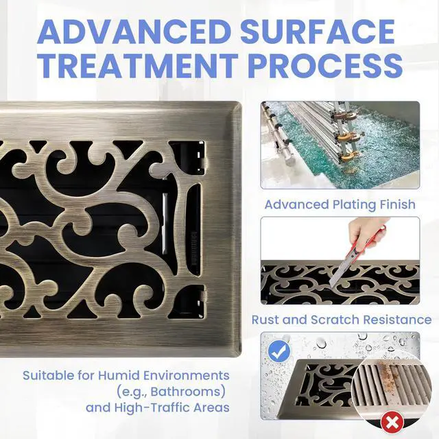 Alt view image 3 of 7 - 4x10 Inches Heavy Duty Walkable Floor Register - Easy Adjust Air Supply Lever Decorative Floor Vent Covers - Savannah Design Vent Covers for Home - Antique Brass