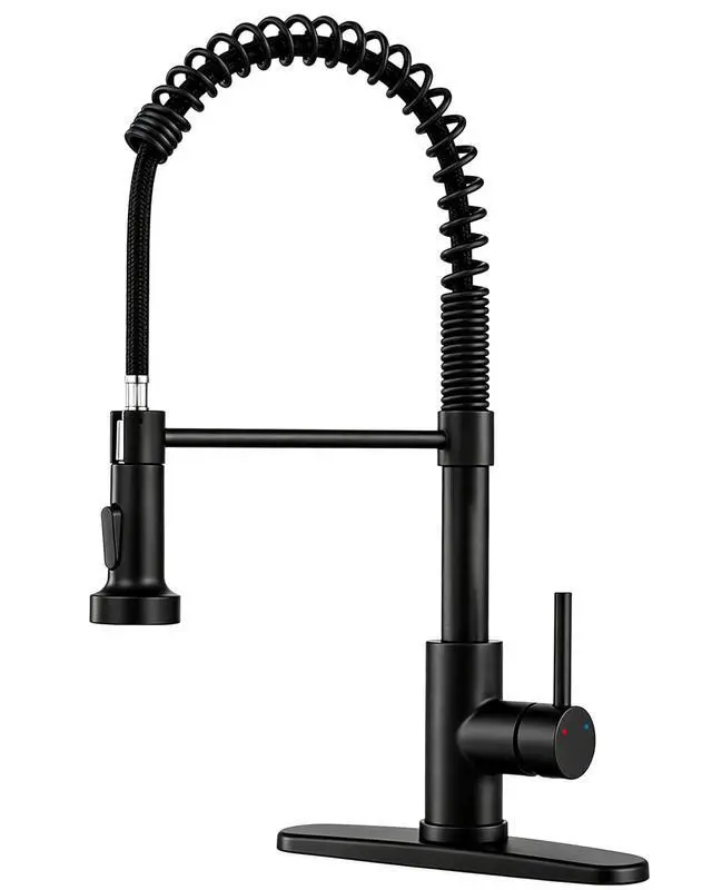 Main image of Kitchen Faucet with Pull Down Sprayer Matte Black | 1 Handle Spring Sink Faucets, Lead-Free NSF Certified Stainless Steel,1 or 3-Hole Deck Plate,Farmhouse, RV, Bar, Laundry Room