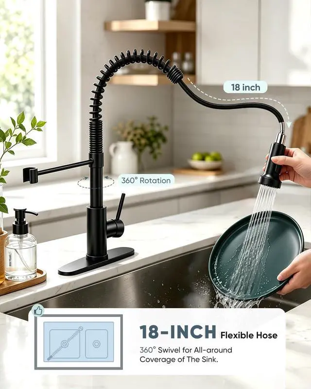 Alt view image 2 of 6 - Kitchen Faucet with Pull Down Sprayer Matte Black | 1 Handle Spring Sink Faucets, Lead-Free NSF Certified Stainless Steel,1 or 3-Hole Deck Plate,Farmhouse, RV, Bar, Laundry Room